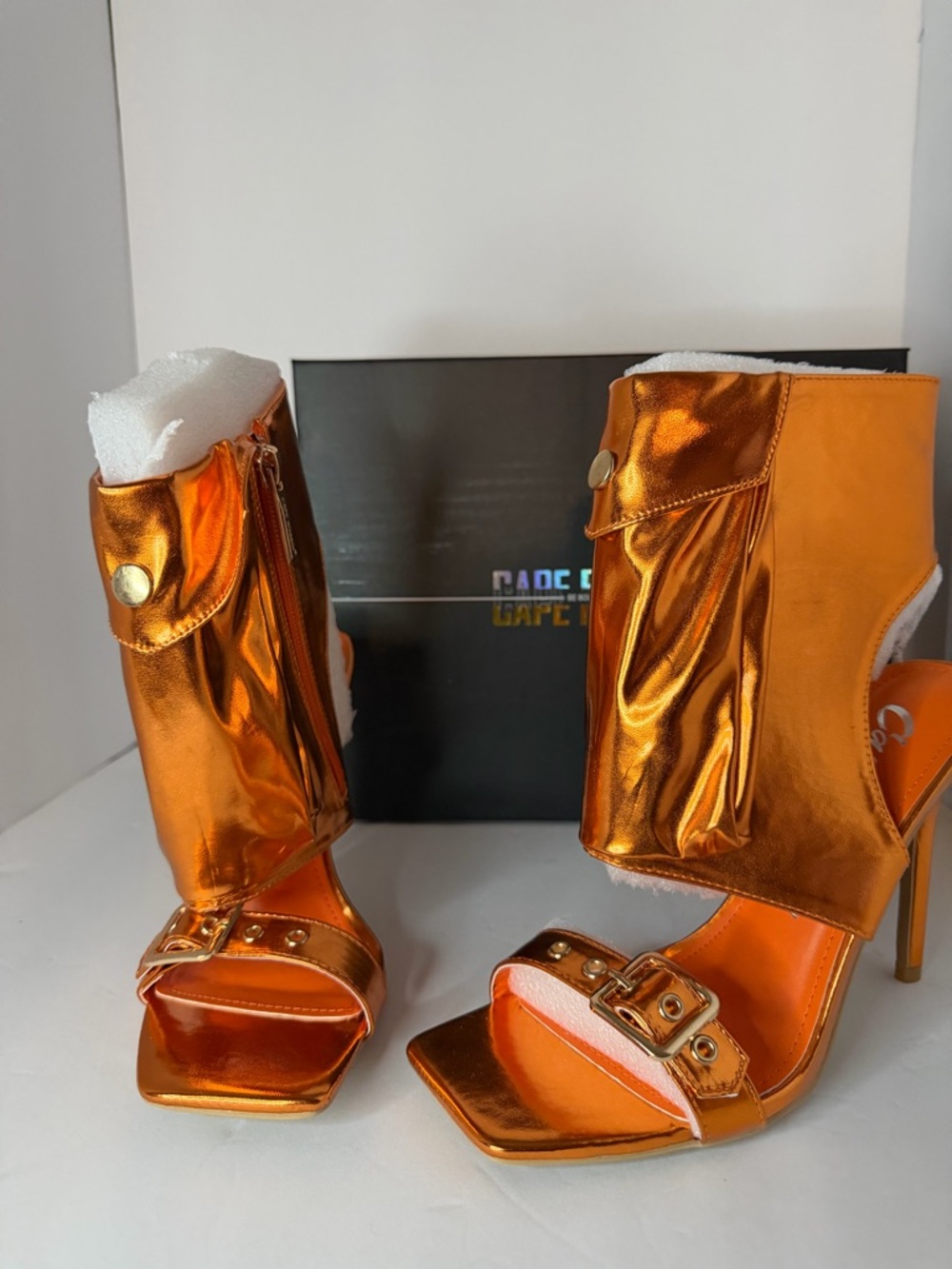 Orange Metallic Heels with Detachable Cargo Pocket Square Toe Stiletto